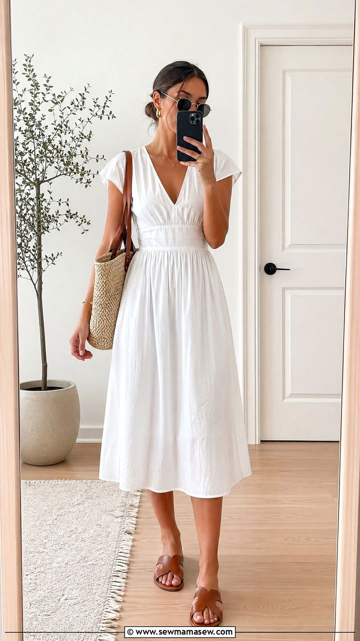 White Midi Dress with Flat Sandals and a Straw Bag - 35 summer clean girl outfit ideas