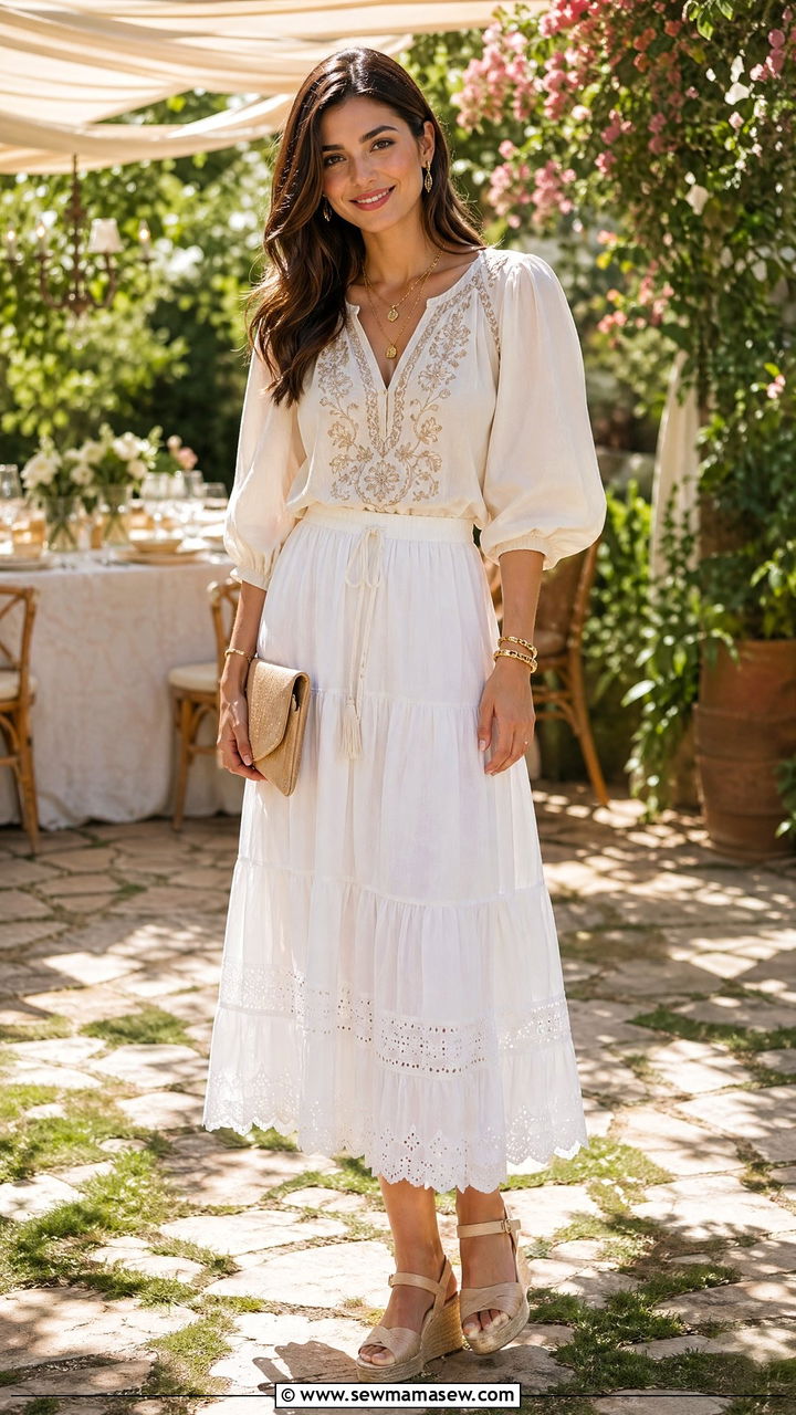 White Midi Skirt with Embroidered Blouse and Wedge Sandals - 35 summer comfortable outfit ideas