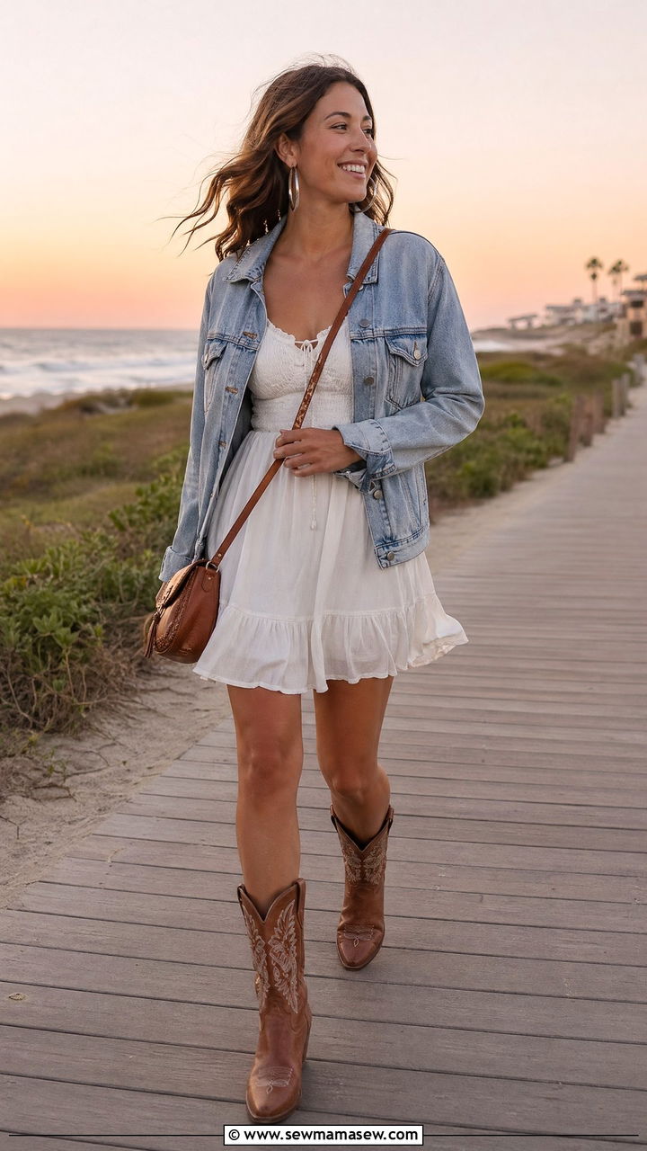 White Mini Dress With Light Denim Jacket and Ankle Cowboy Boots - 35 coastal cowgirl outfits