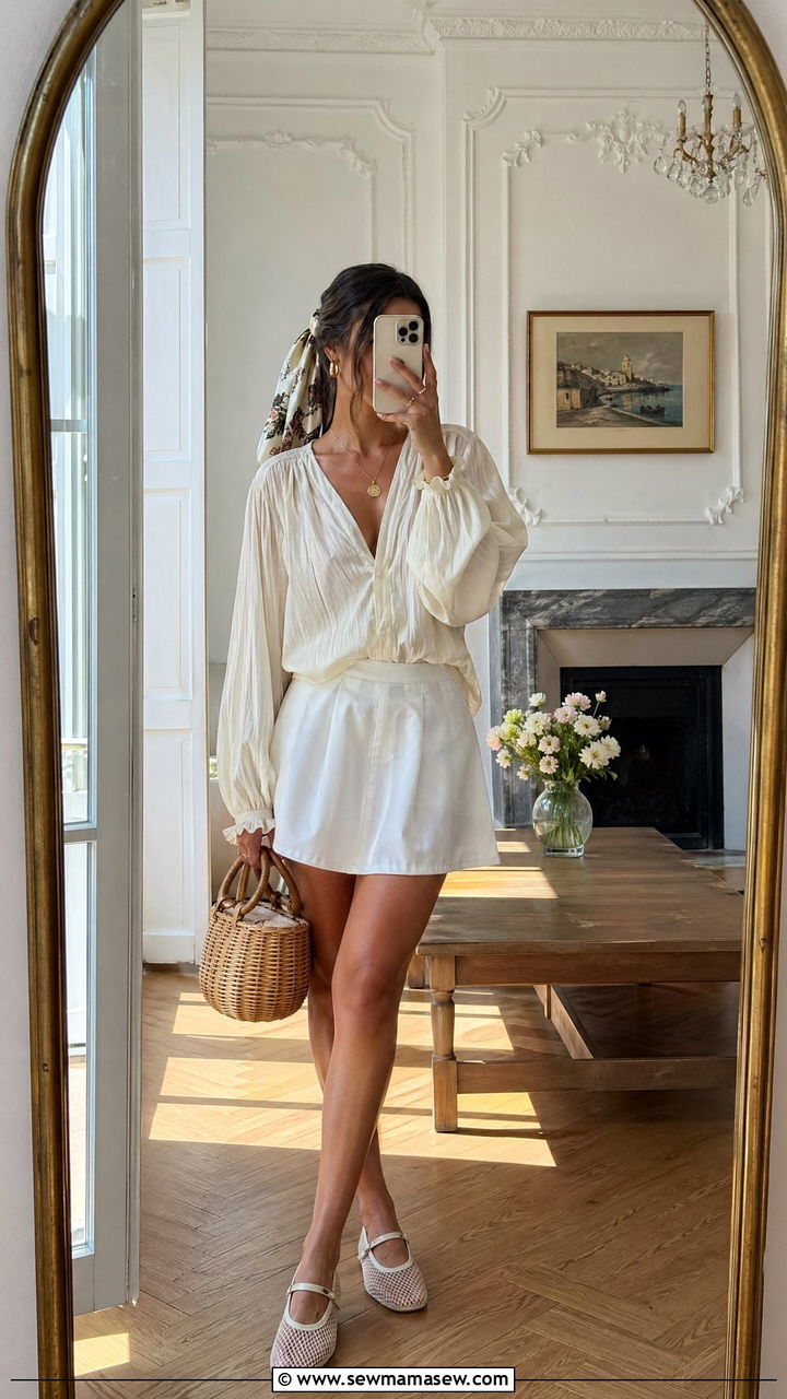 White Mini Skirt With Mesh Flats And Airy Blouse - 35 cute European summer outfits