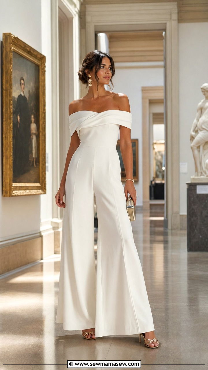 White Off Shoulder Jumpsuit With Heeled Sandals - 30 White dress outfit ideas for wedding guest