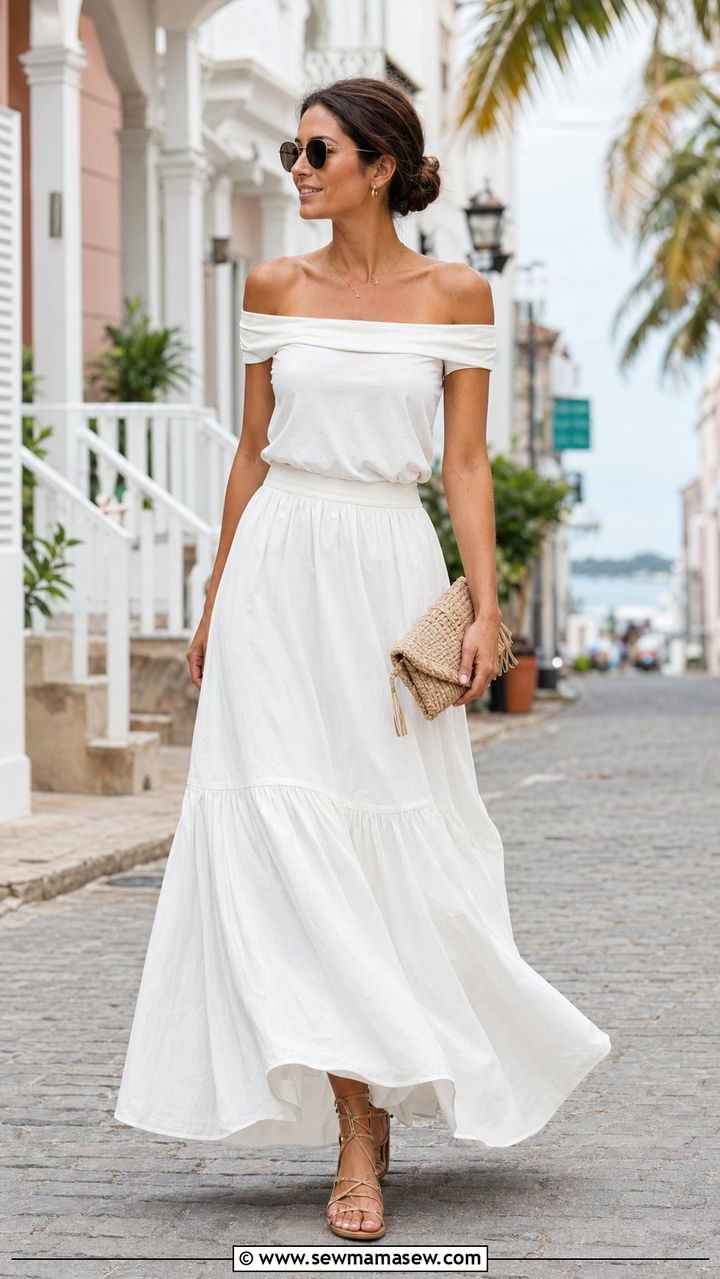 White Off Shoulder Top with White Maxi Skirt - 30 White outfit ideas for summer travel