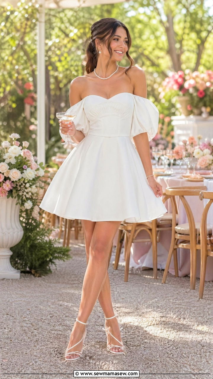 White Off the Shoulder Dress for Bride - 35 spring bridal shower outfit ideas