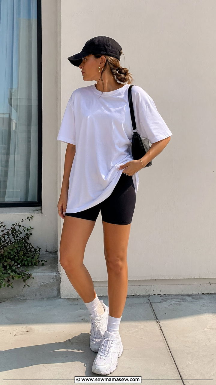 White Oversized Tee With Biker Shorts - 35 Clean girl outfit ideas 2026
