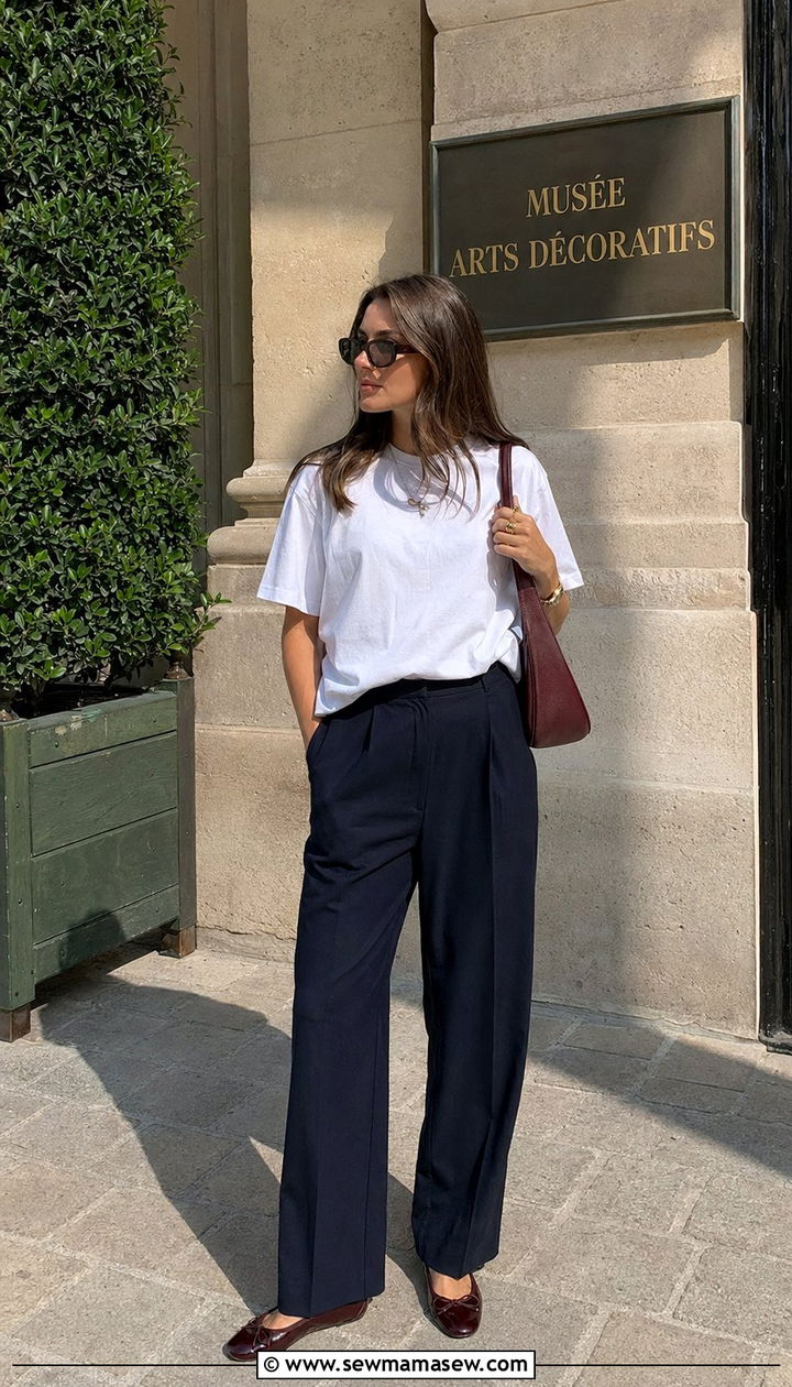 White Oversized Tee with Navy Trousers and Wine Toned Flats - 35 Old money outfit ideas for vacation