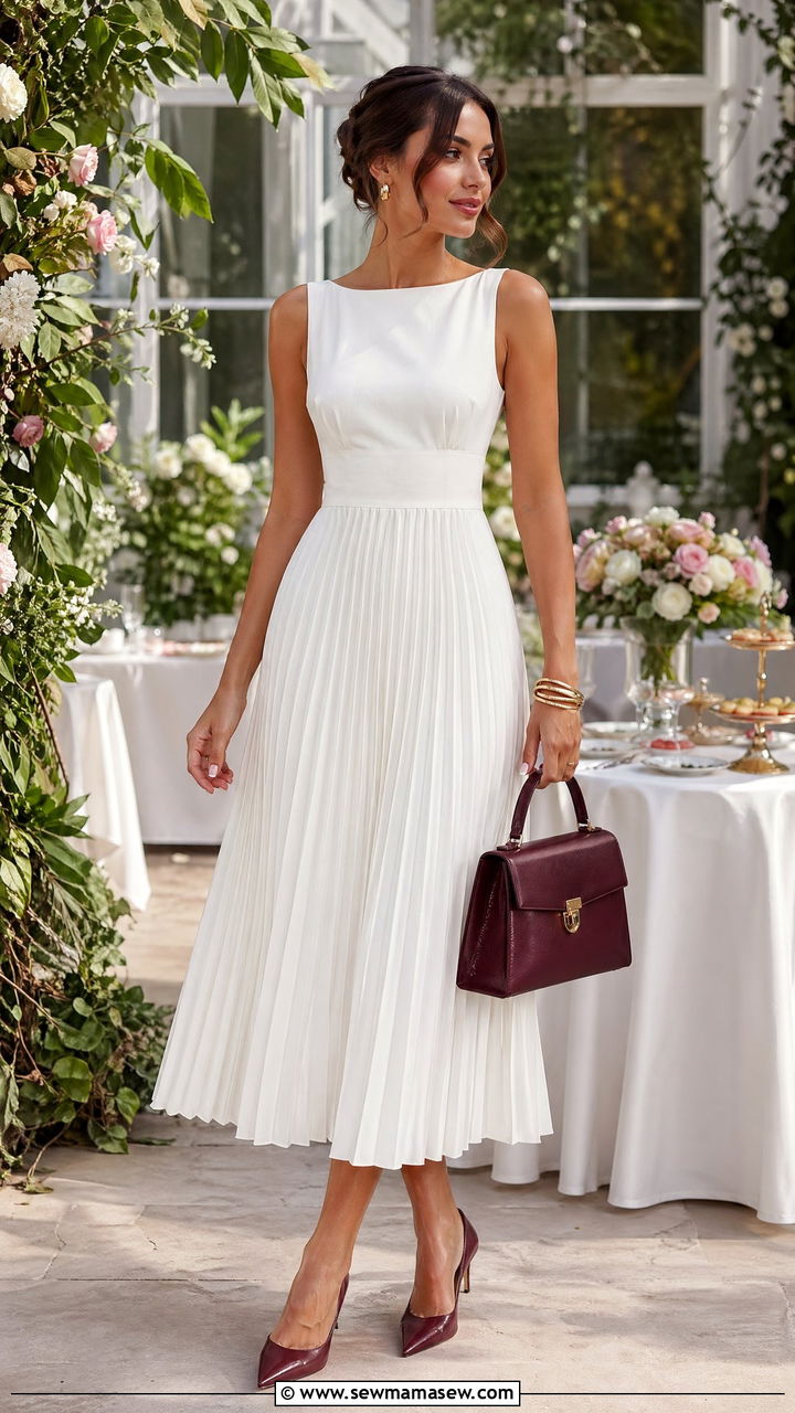 White Pleated Dress With Burgundy Pointed Heels And Matching Bag - 35 classy summer to fall outfits