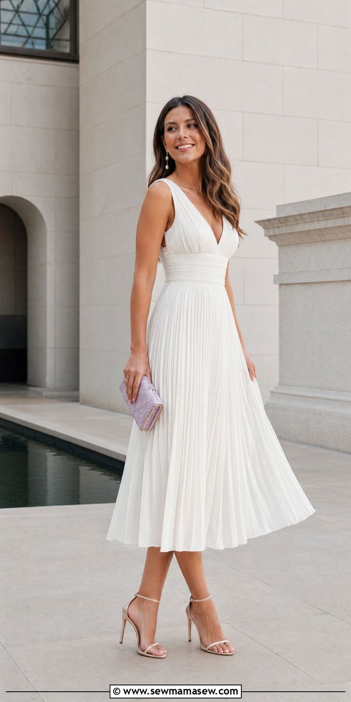 White Pleated Midi Dress With Strap Heels - 30 White dress outfit ideas for wedding guest