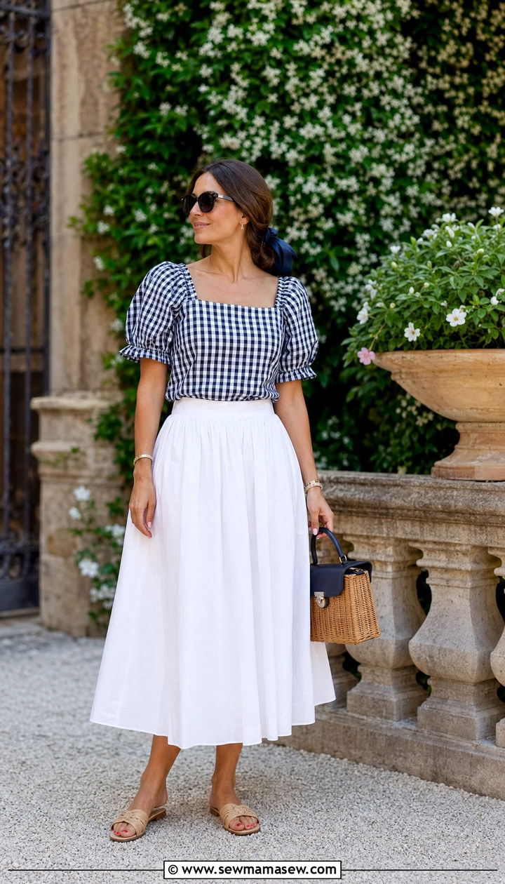 White Poplin Midi Skirt with Gingham Top - 35 Nautical outfit ideas