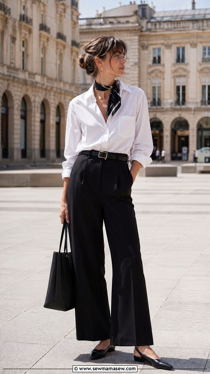 White Poplin Shirt With Black Tailored Trousers - 35 summer french girl outfit ideas