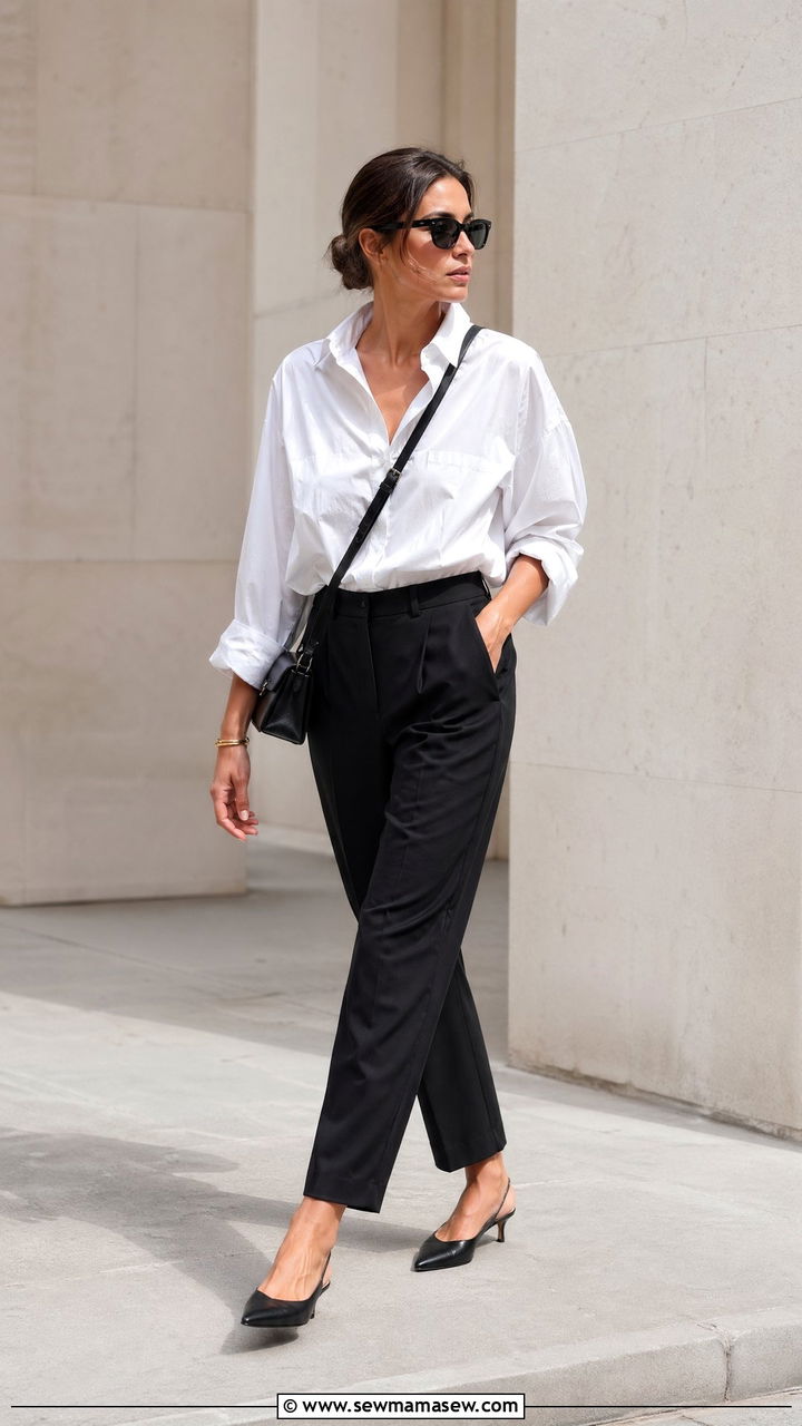 White Poplin Shirt With Black Tailored Trousers - 35 spring quiet luxury outfits