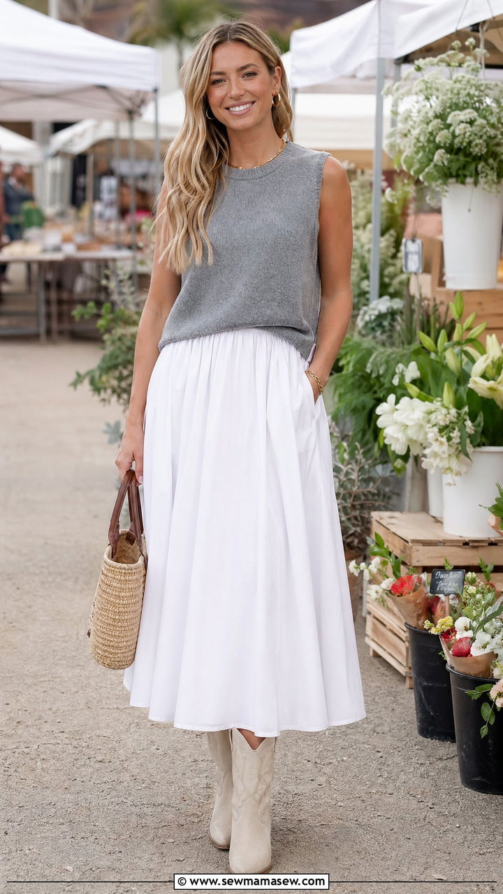 White Poplin Skirt With a Sleeveless Cashmere Knit and Cowboy Boots - 35 Summer to fall transition outfits