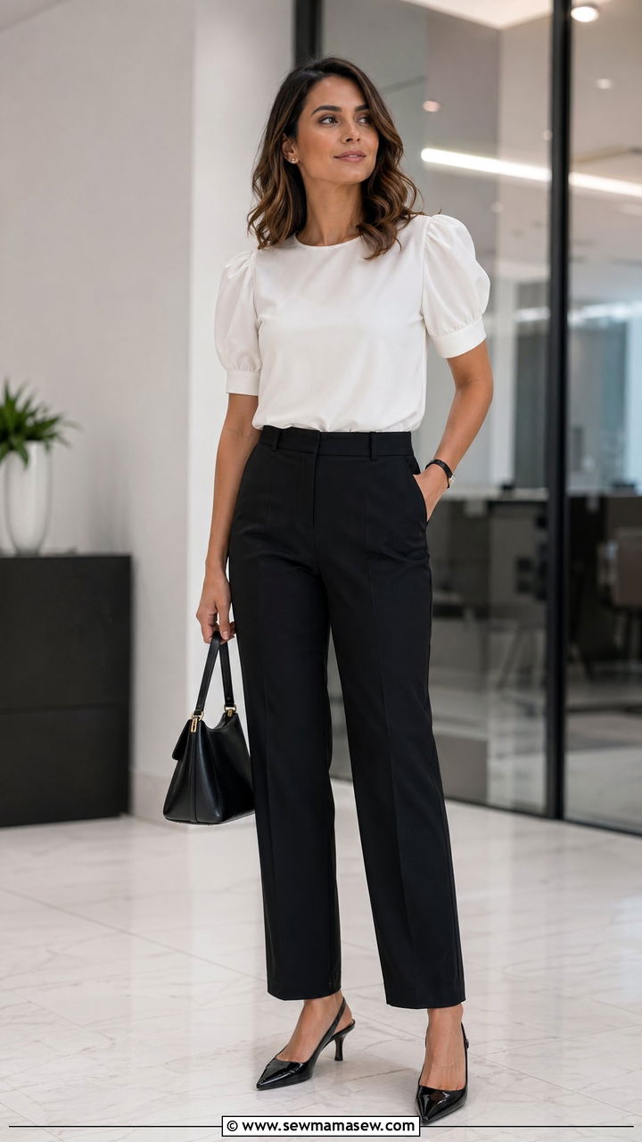 White Puff Sleeve Blouse With Black Straight Pants And Slingbacks - 35 classy elegant outfits