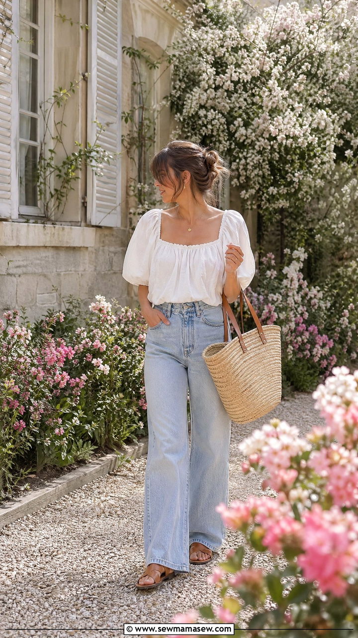 White Puff Sleeve Blouse With Wide Leg Jeans and Straw Tote - 35 spring french girl outfit ideas