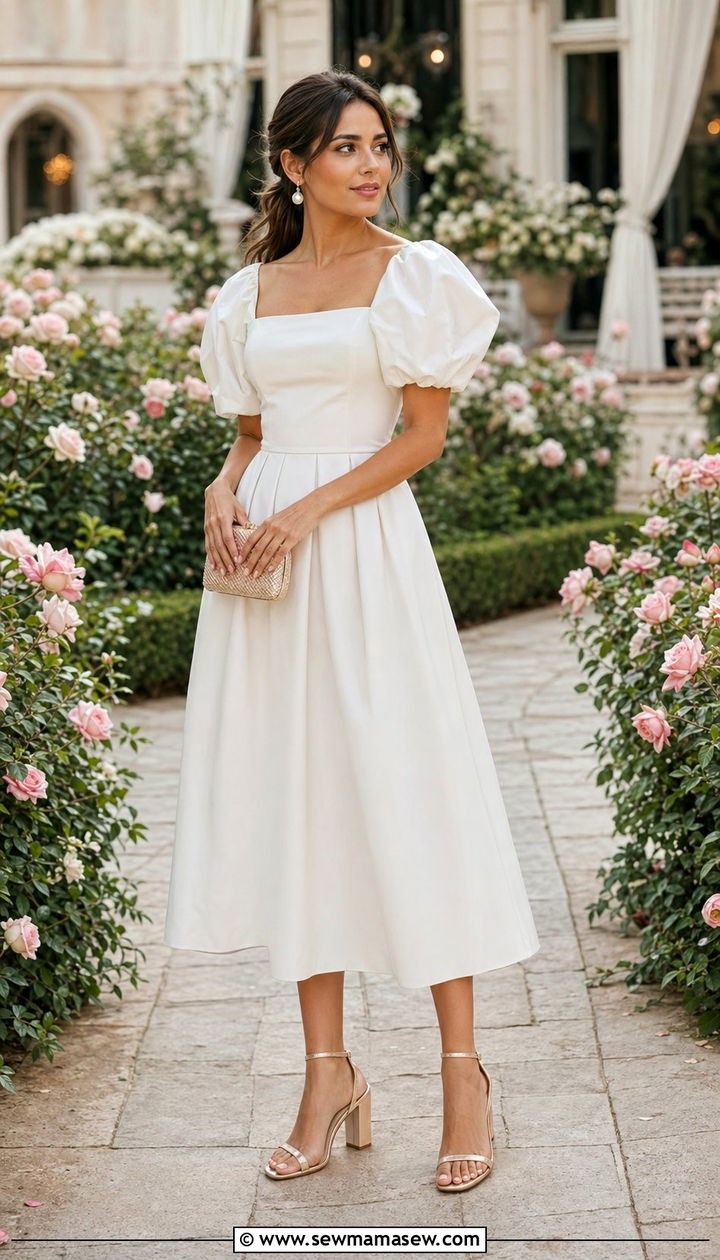 White Puff Sleeve Midi Dress With Block Heels - 30 White dress outfit ideas for wedding guest