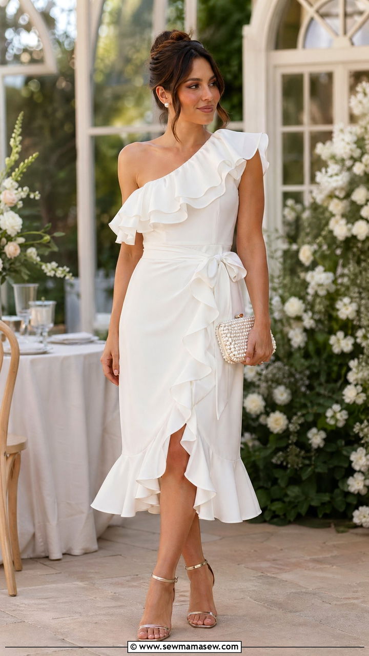 White Ruffle Dress with Strappy Sandals and Pearl Clutch - 35 white dress outfit ideas