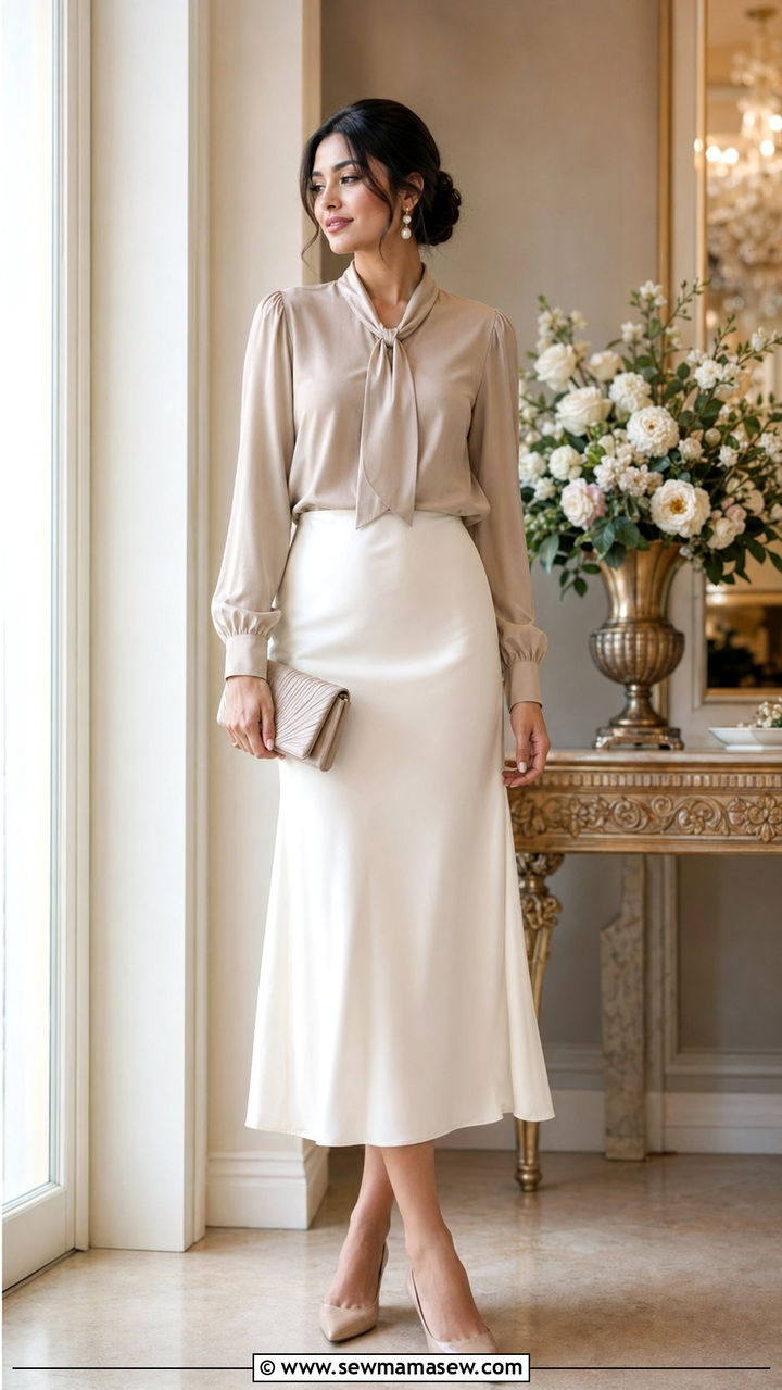 White Satin Skirt with Beige Blouse Outfit - 35 modest outfit ideas for women
