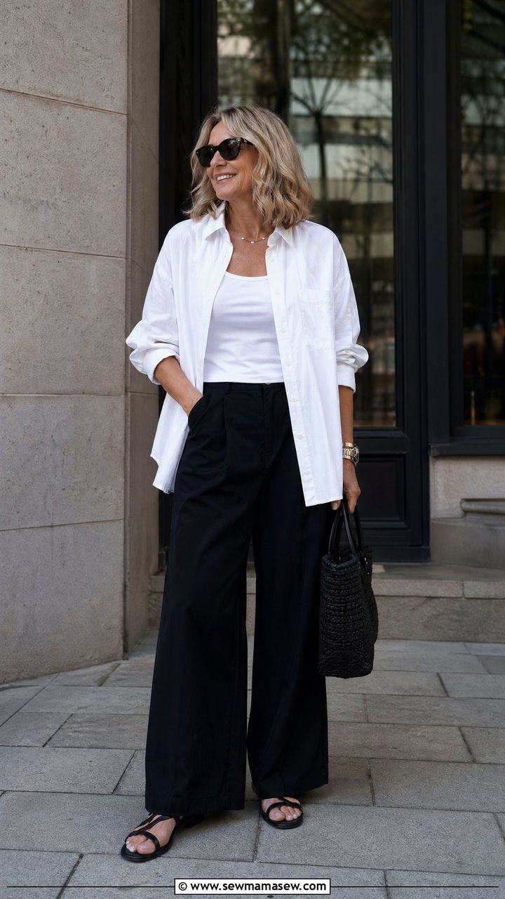 White Shirt Layer with Black Wide Leg Pants - 35 Summer outfits for women over 40