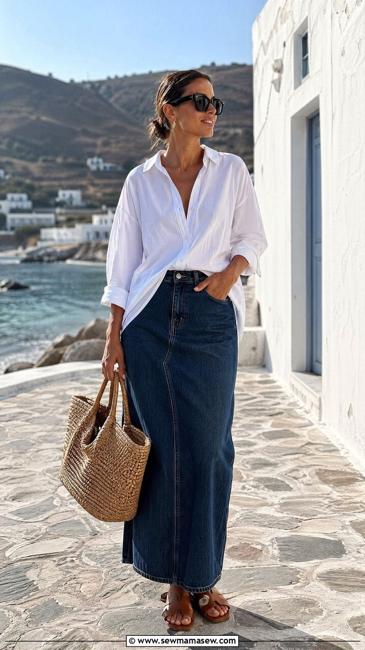 White Shirt With Denim Maxi Skirt Outfit - 35 spring to summer outfits