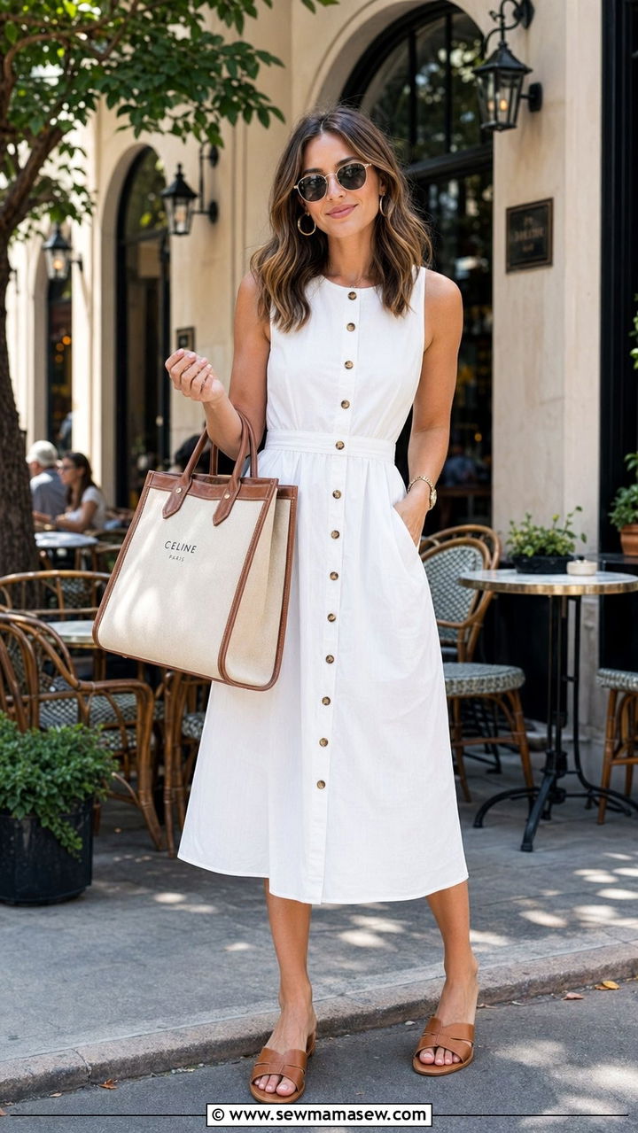 White Sleeveless Button Front Midi Dress - 30 White outfit ideas for summer travel