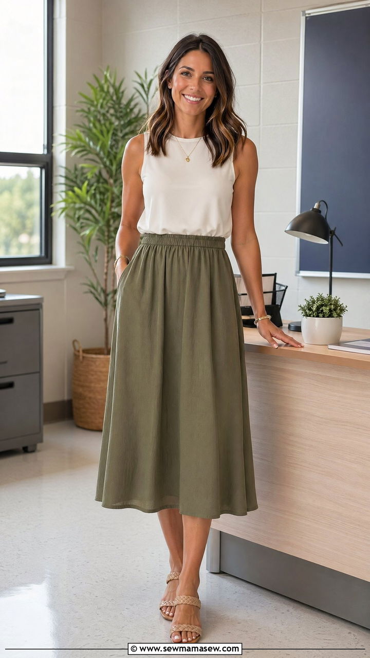 White Sleeveless Top with Olive Midi Skirt and Neutral Sandals - 35 Summer teacher outfits