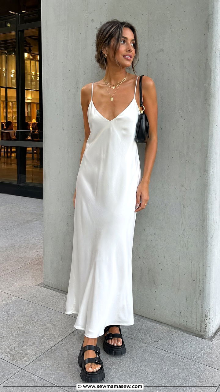 White Slip Dress with Chunky Sandals and Gold Jewelry - 35 white dress outfit ideas