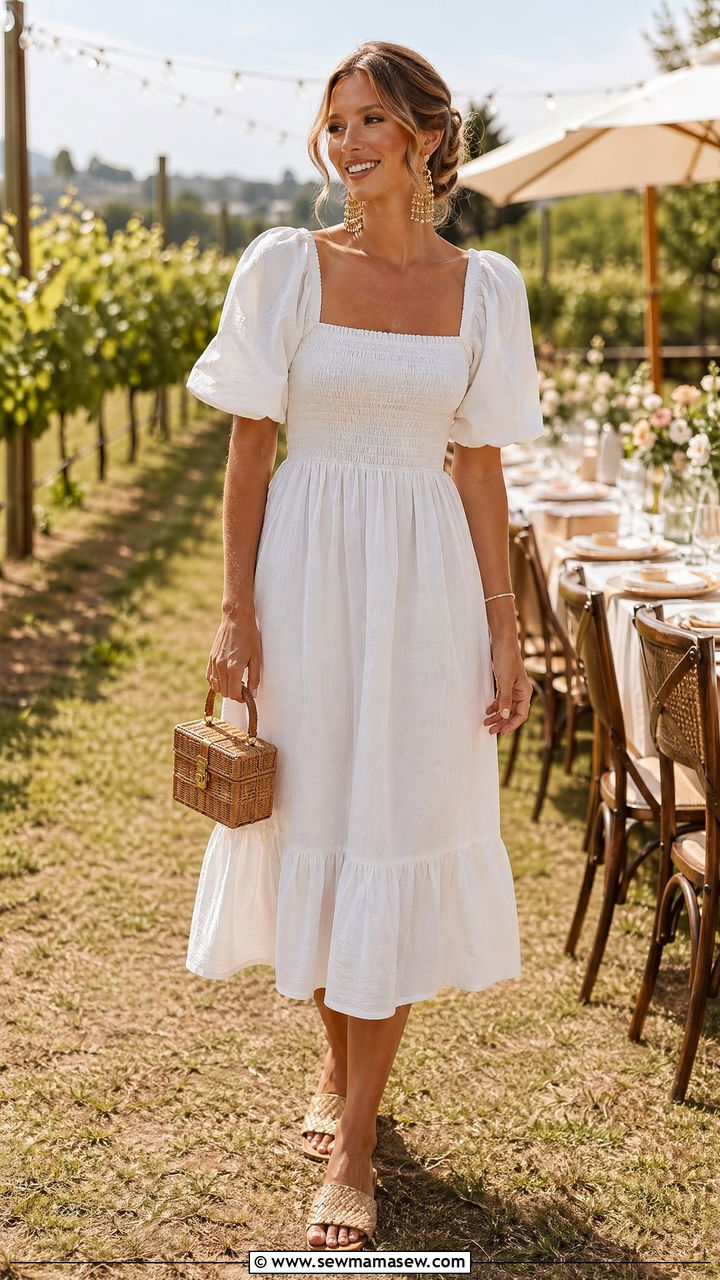 White Smocked Midi Dress and Tan Woven Sandals - 35 coastal grandmother outfits for women