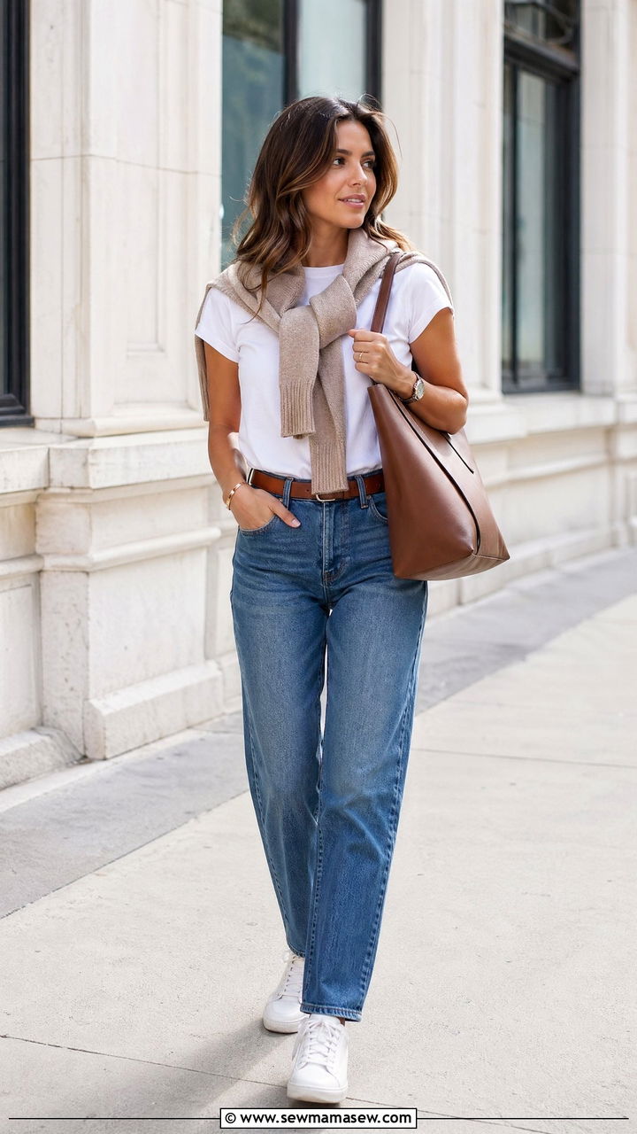 White Sneakers And Straight Leg Jeans Walking Outfit - 35 walking outfit ideas for women