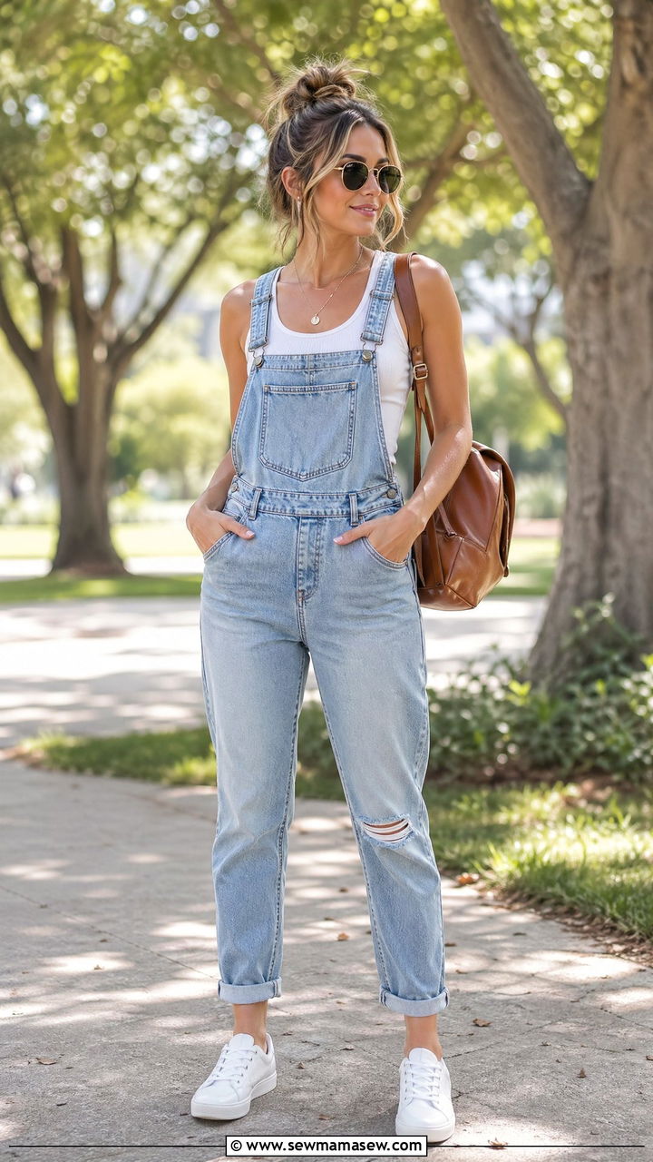 White Sneakers With Denim Overalls - 35 Summer outfits with sneakers