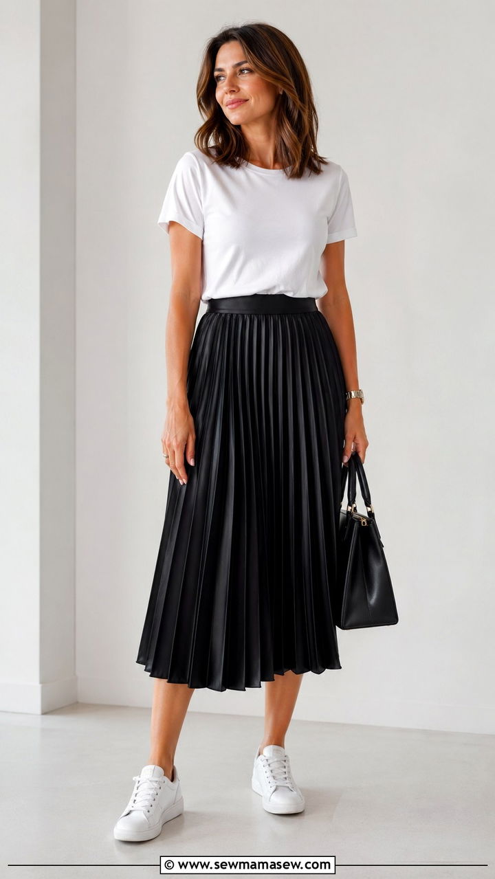 White Sneakers With Pleated Midi Skirt - 30 sneaker outfit ideas for women