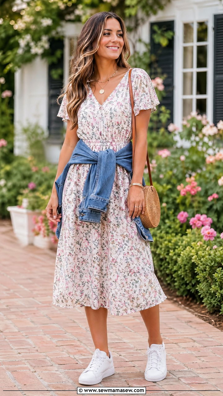 White Sneakers With a Floral Midi Dress - 35 Summer outfits with sneakers