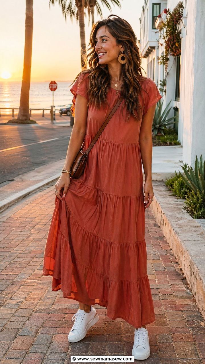 White Sneakers With a Tiered Maxi Dress - 35 Summer outfits with sneakers