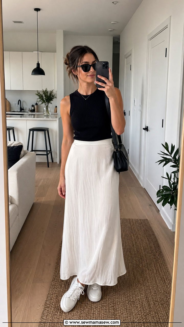 White Sneakers With a White Maxi Skirt - 35 Summer outfits with sneakers
