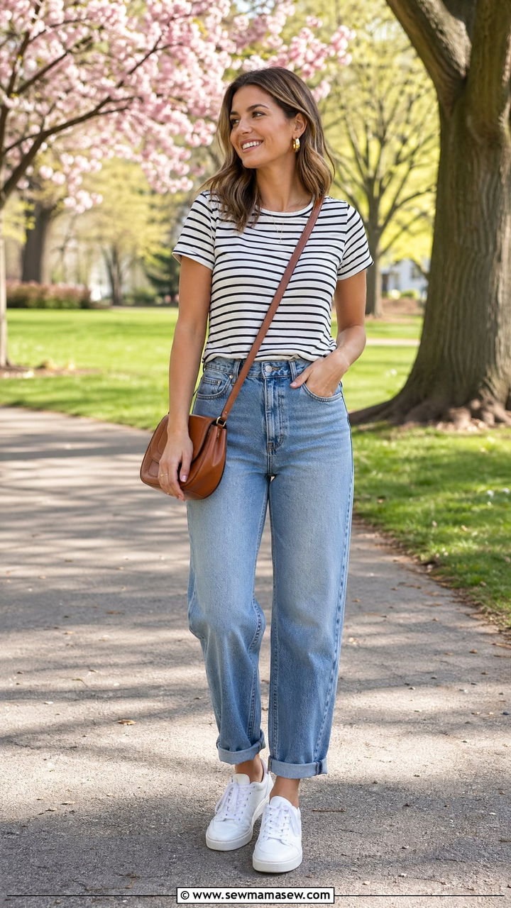 White Sneakers and Mom Jeans With a Striped Tee - 35 Spring outfits for busy moms