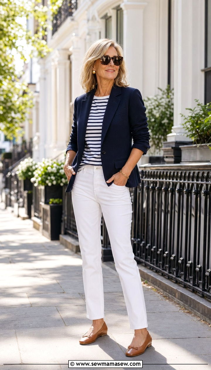 White Straight Leg Jeans With Navy Blazer And Striped Tee - 30 Best jeans for women over 50