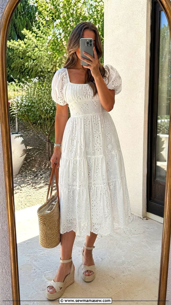 White Summer Dress With Espadrille Wedges - 35 Summer baby shower outfits