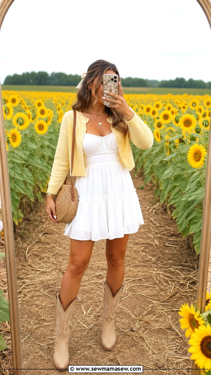 White Sundress With Butter Yellow Cardigan And Cowgirl Boots - 30 Spring flower field photoshoot outfits