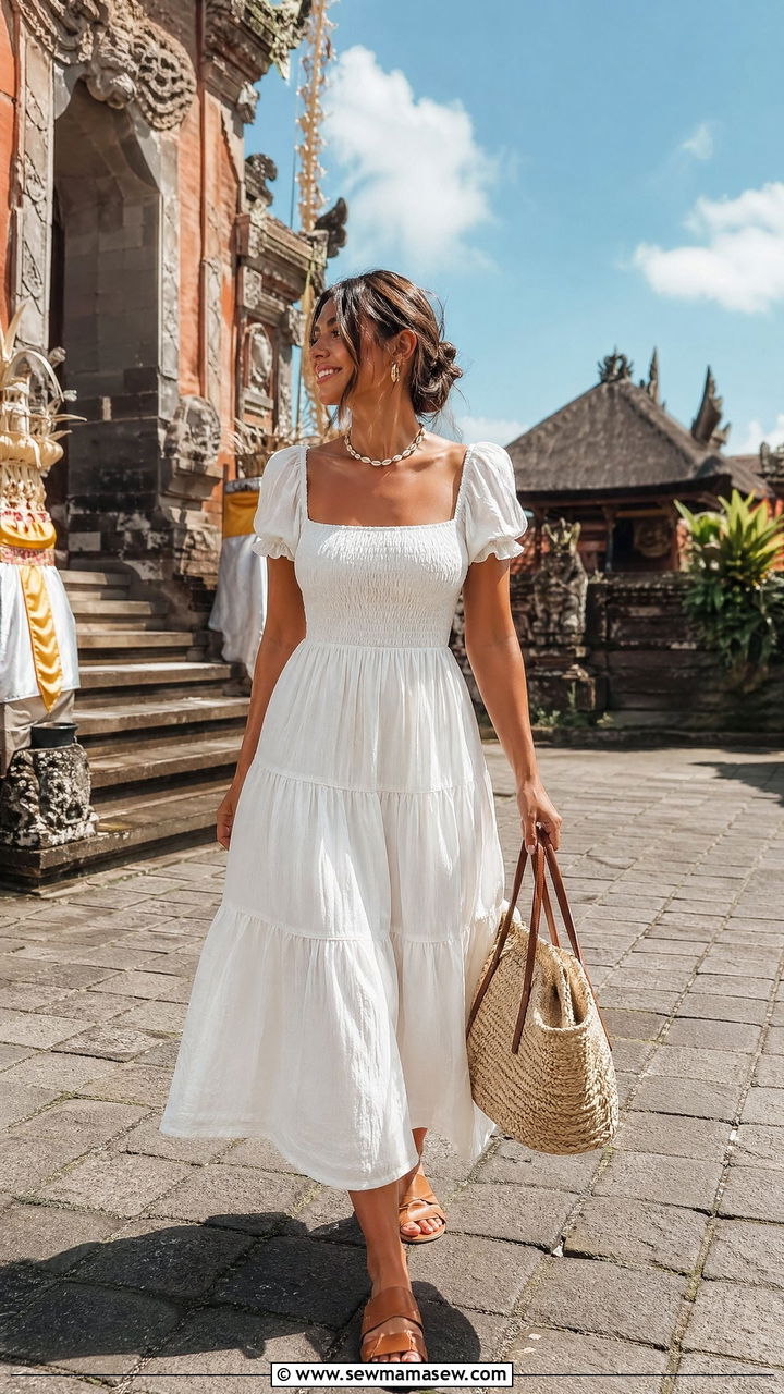 White Sundress With Tan Sandals - 35 Spring Bali outfit ideas