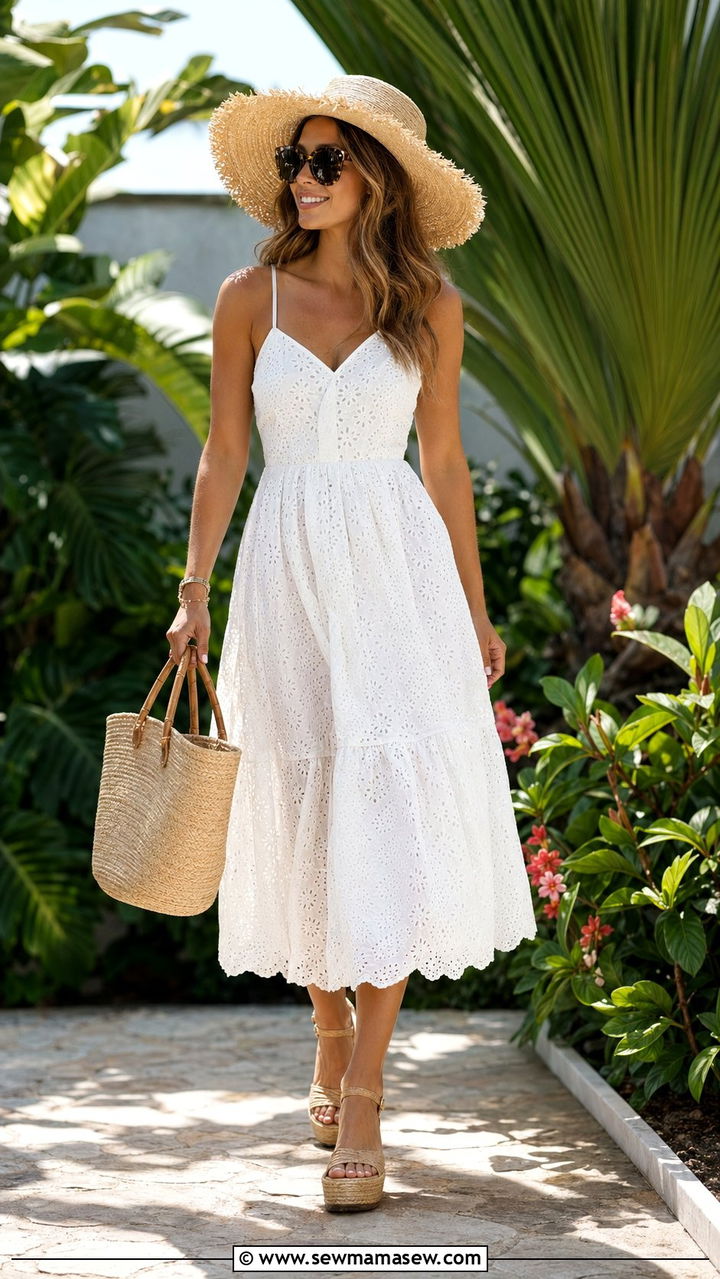 White Sundress with Raffia Accessories Resort Outfit - 35 resort outfits ideas