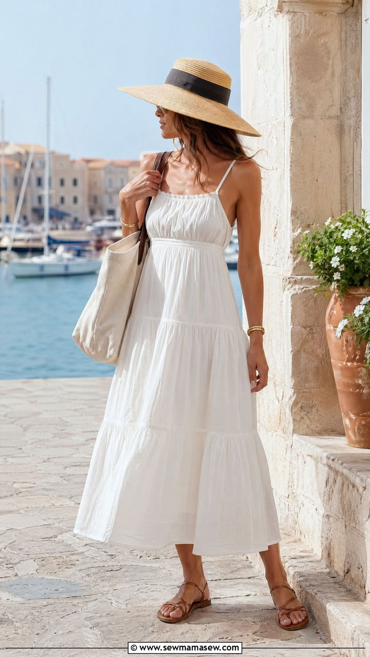 White Sundress with Strappy Sandals and a Wide Brim Hat - 35 classy old money outfits