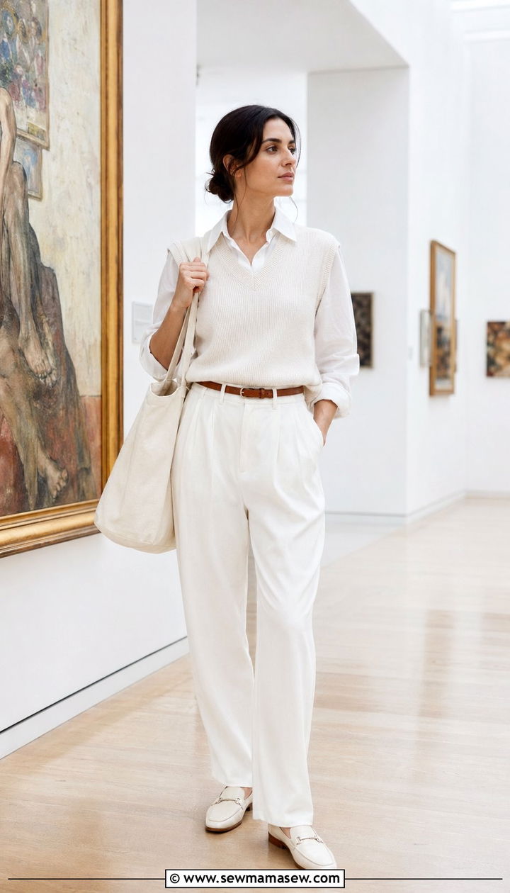 White Sweater Vest and Trousers Outfit - 30 white outfit ideas for women