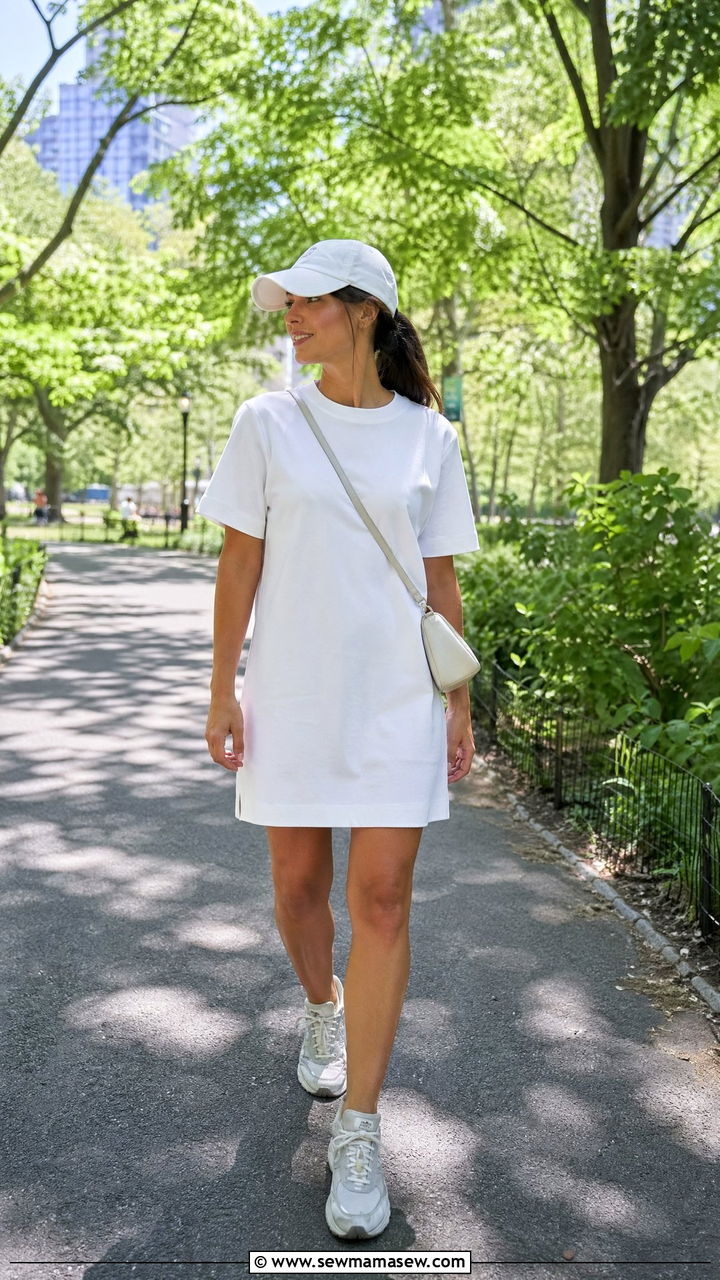 White T Shirt Dress with Baseball Cap - 35 spring all white outfit ideas