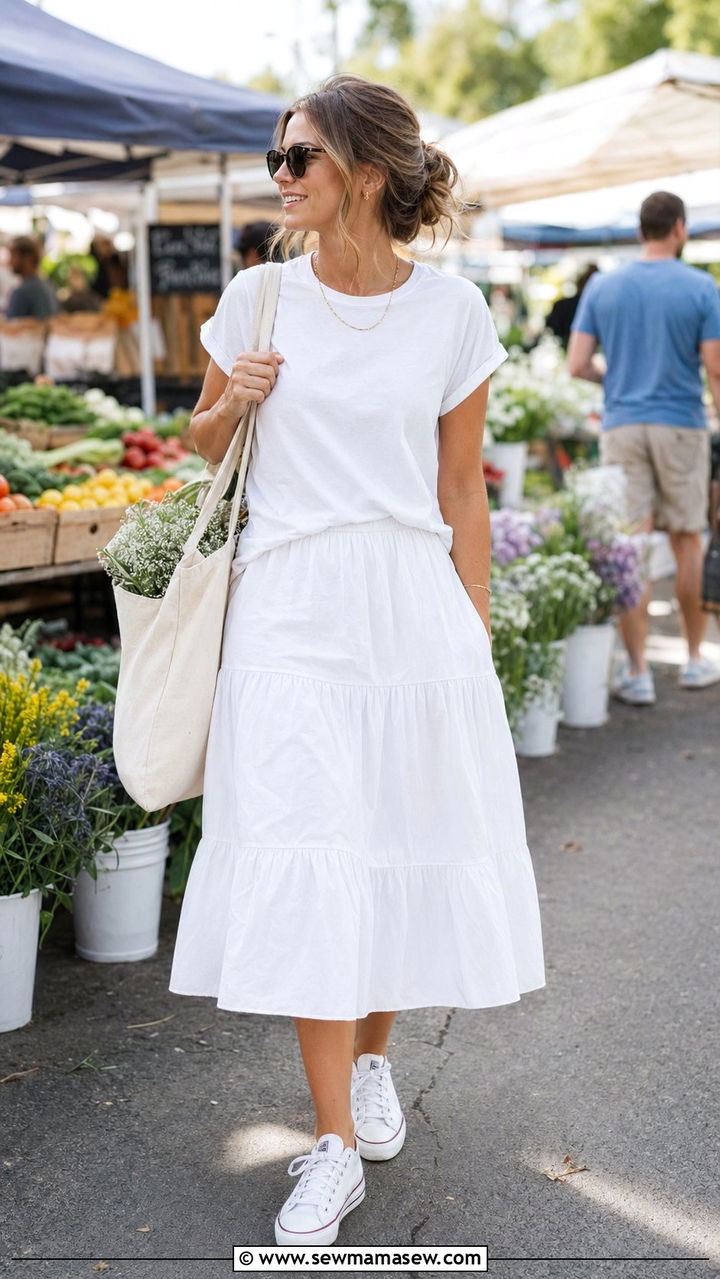 White T Shirt and White Cotton Midi Skirt - 30 White outfit ideas for summer travel