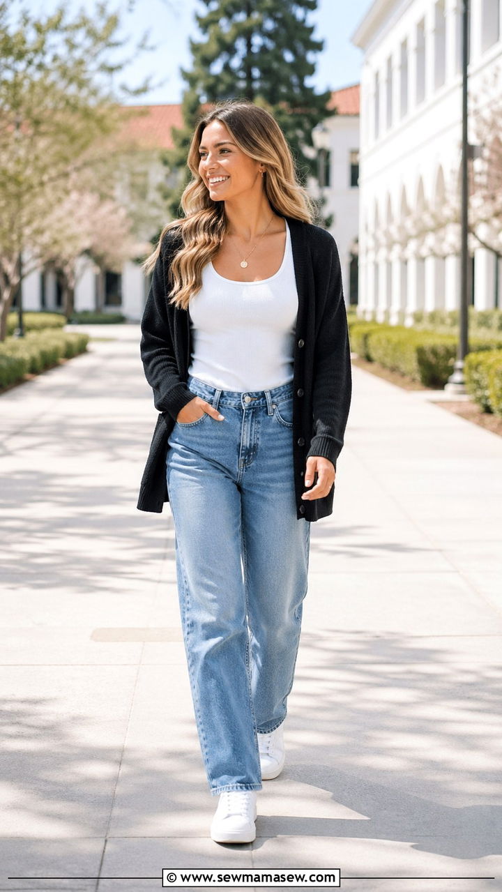 White Tank Top With Blue Jeans And Black Cardigan School Outfit - 30 school outfits inspo