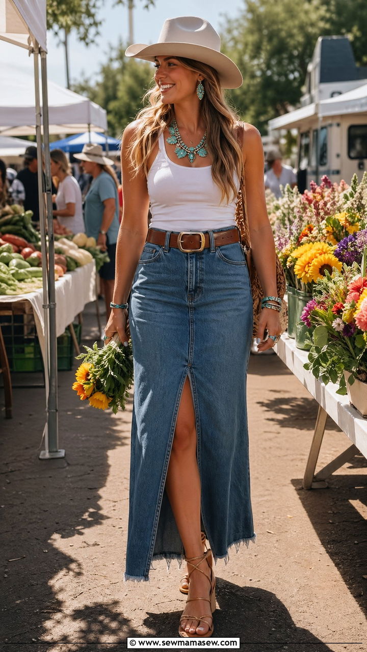 White Tank Top With Denim Maxi Skirt And Turquoise Jewelry - 35 coastal cowgirl outfits 2026