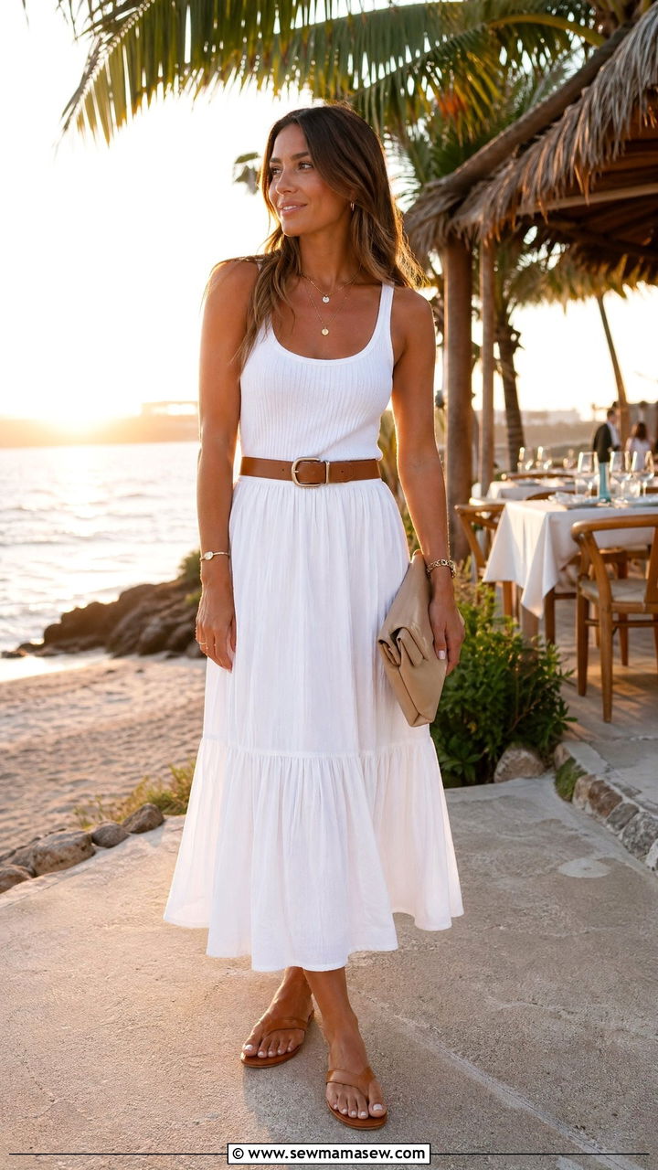 White Tank Top and Ankle Length Midi Skirt - 35 summer all white outfit ideas