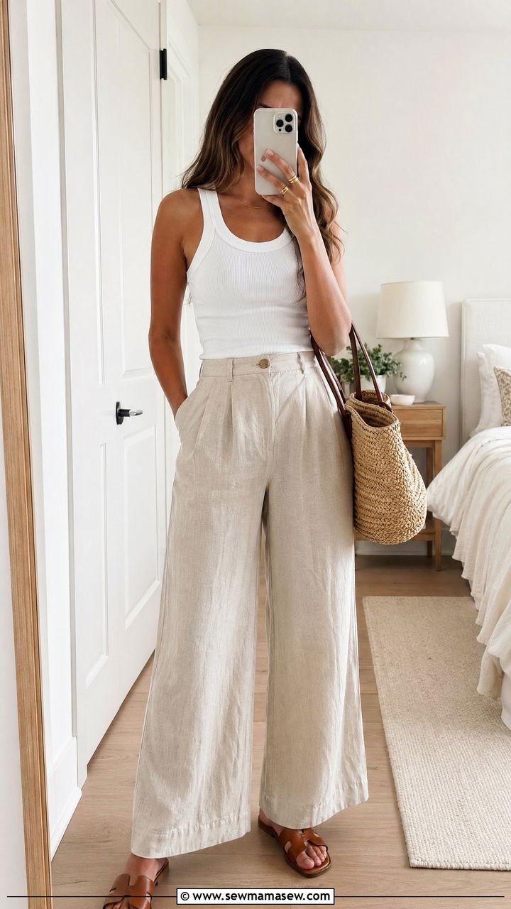 White Tank Top and Beige Linen Wide Leg Pants - 35 summer linen outfit ideas