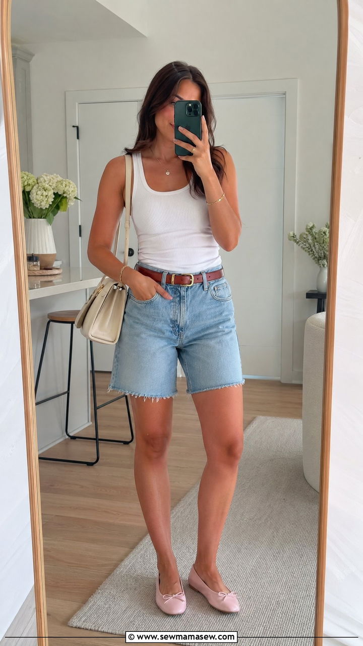 White Tank Top with Light Wash Jorts and Ballet Flats - 35 Summer outfits for young women
