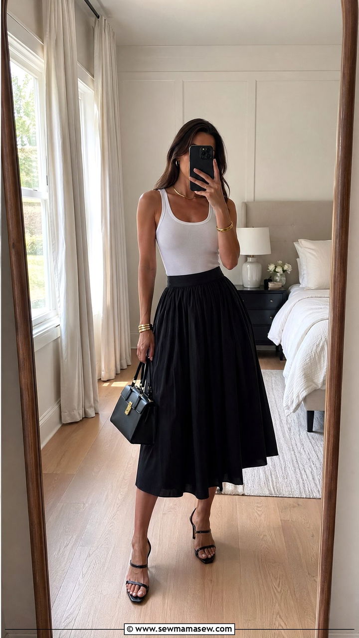 White Tank Top with Poplin Skirt and Heeled Sandals - 35 Summer outfit formulas