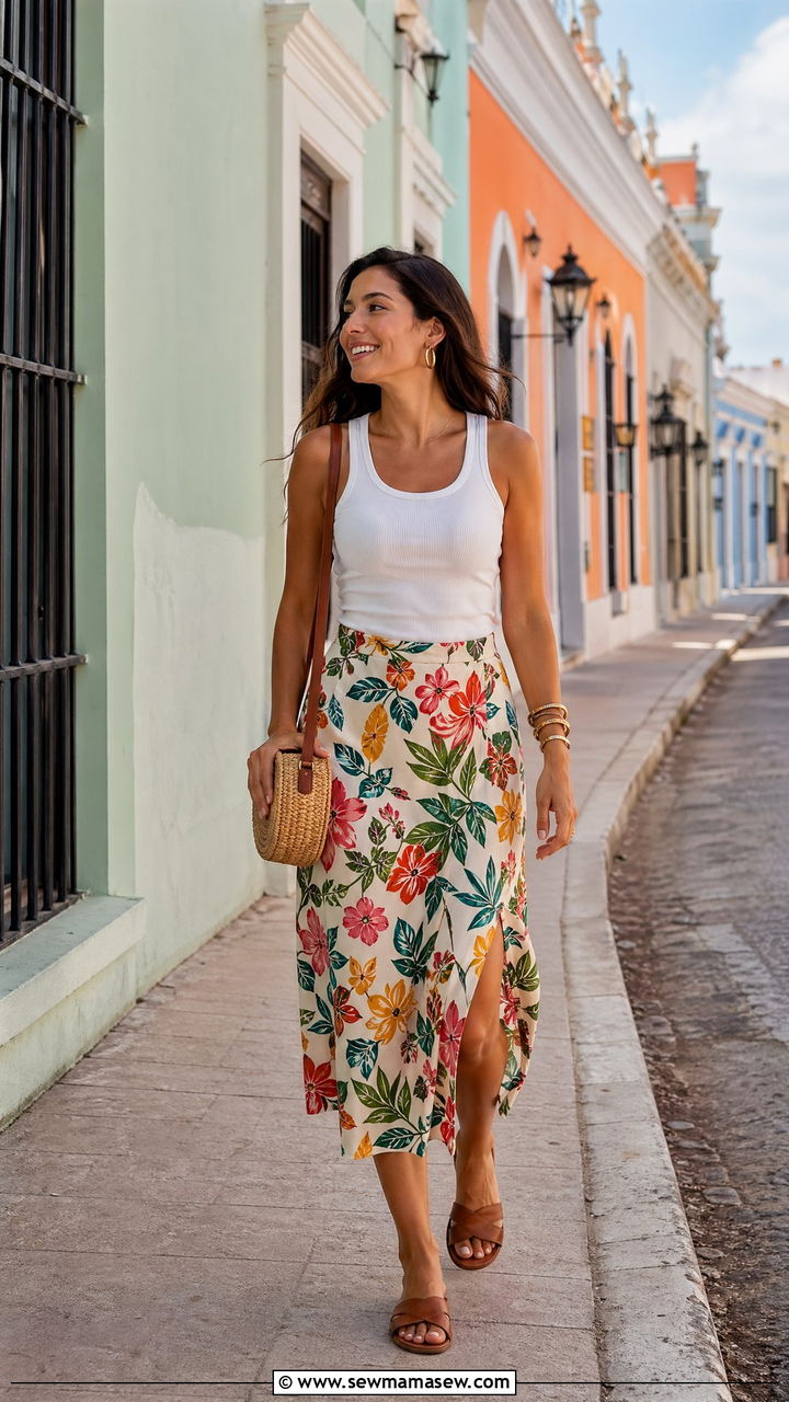 White Tank Top with Printed Midi Skirt Summer Mexico Outfit - 35 Summer Mexico outfit ideas