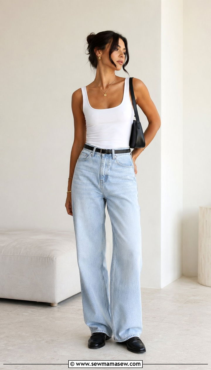 White Tank With Baggy Jeans and Minimal Loafers - 30 Baggy jeans outfit ideas with loafers